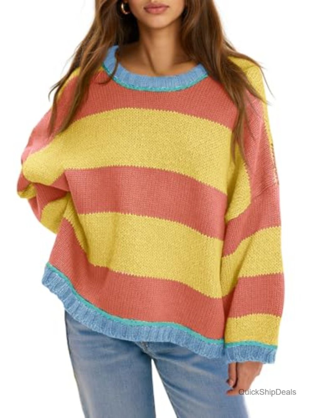 Oversized Striped Color Block Crewneck Knit Sweater Pullover